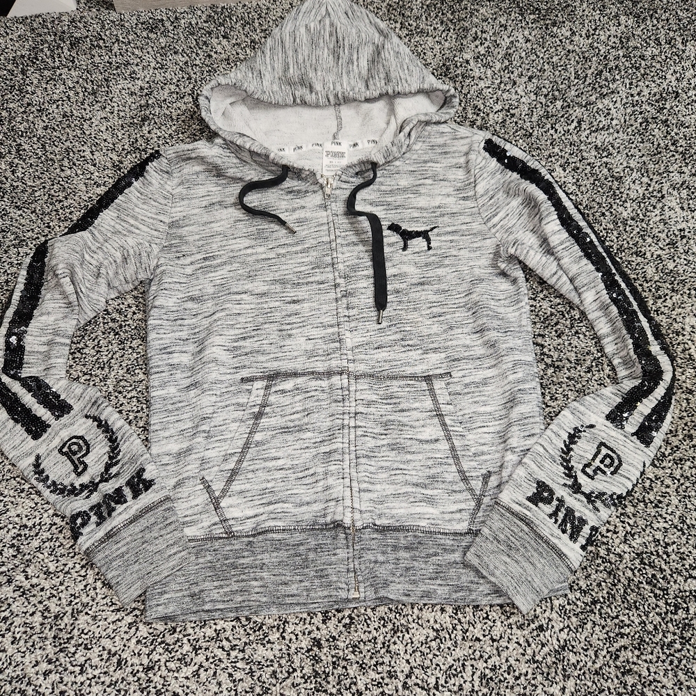 Victoria Secret PINK Logo Sequins Bling‎ Zip up Hoodie Women’s Sz XS Marled Gray
